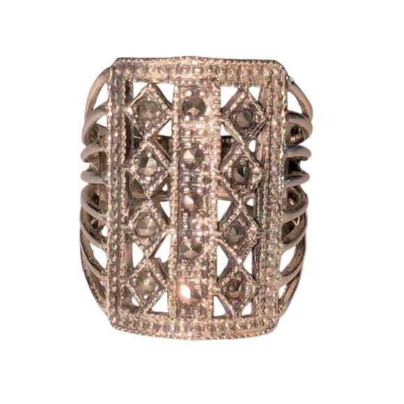 VTG Sterling Wide Long Rectangle Multi Split Shank Marcasite Band Ring Sz 8.75 - Picture 1 of 4